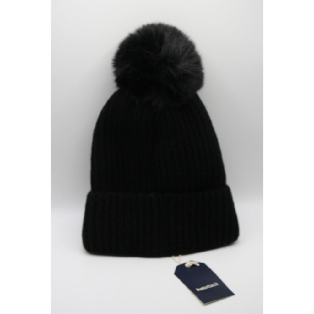 Hat Attack City Beanie with Cozy Lining New Black Faux Fur Pom Pom Soft & Warm